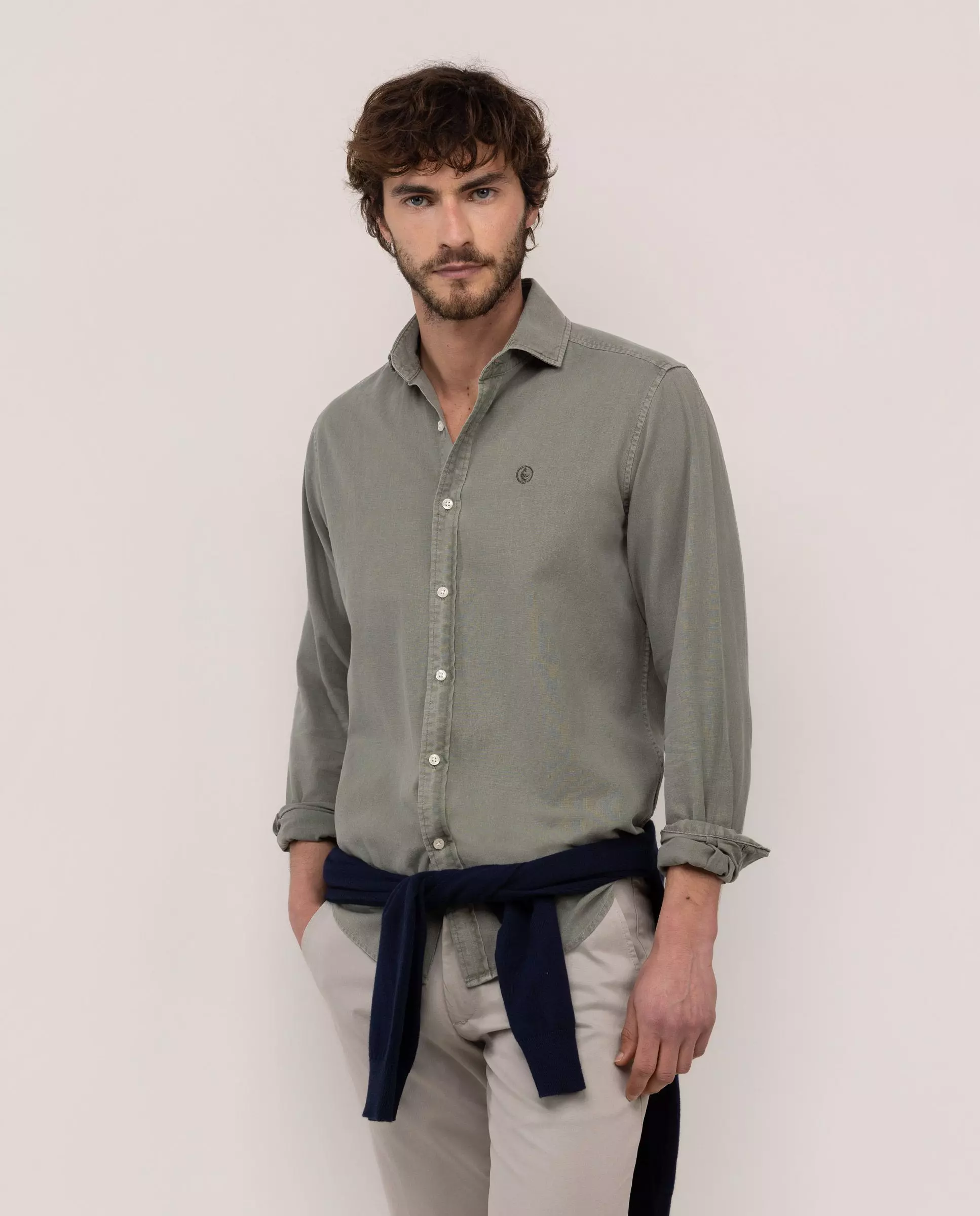 Camisa Cuello Italiano Algodón Lino Verde HOMBRE PV 26-2