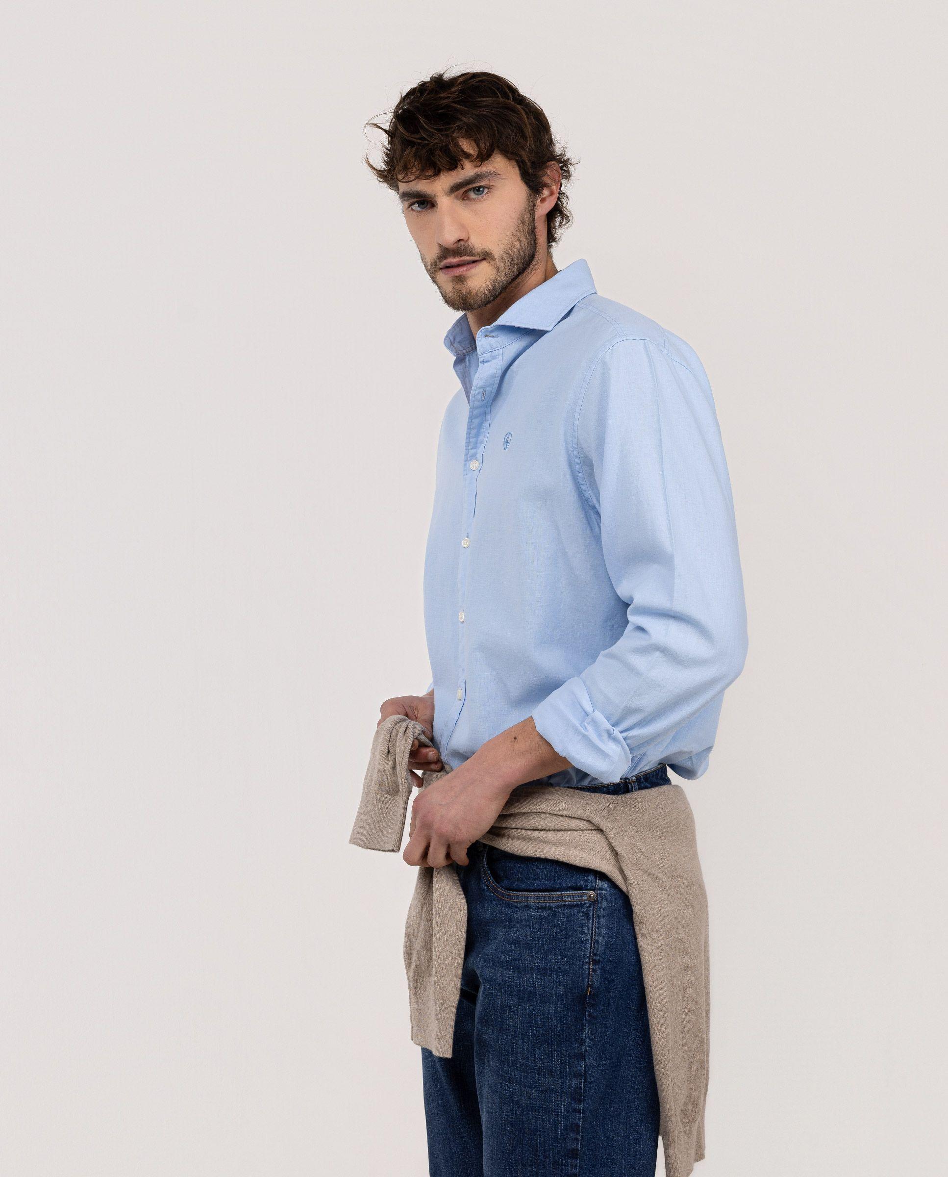 Camisa Cuello Italiano Algodón Lino Celeste HOMBRE PV 26-2