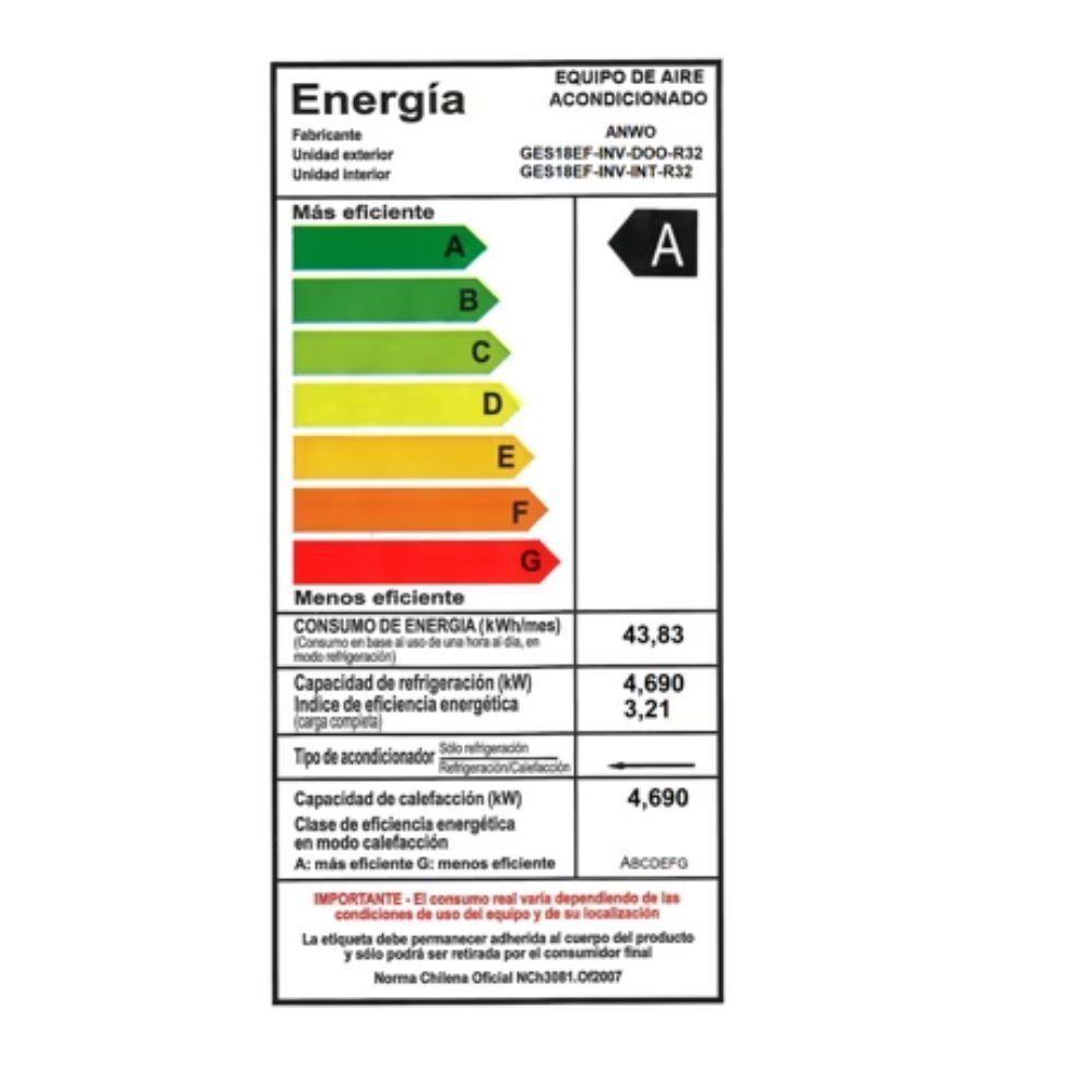 Aire Acondicionado Split Muro INVERTER ANWO ECOFLOW 18.000 BTU con Wifi-5