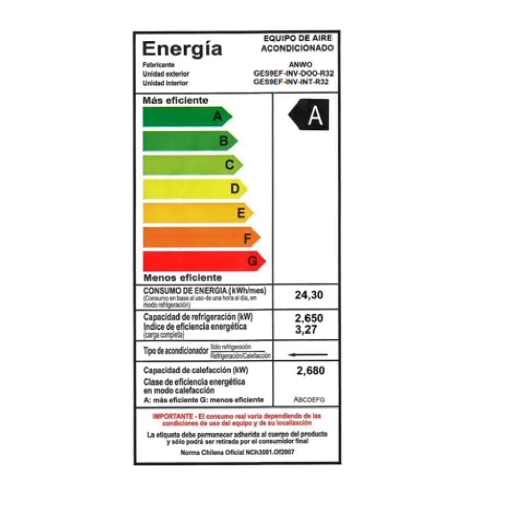 Aire Acondicionado Split Muro ANWO ECOFLOW 9.000 BTU Inverter con Wifi-6