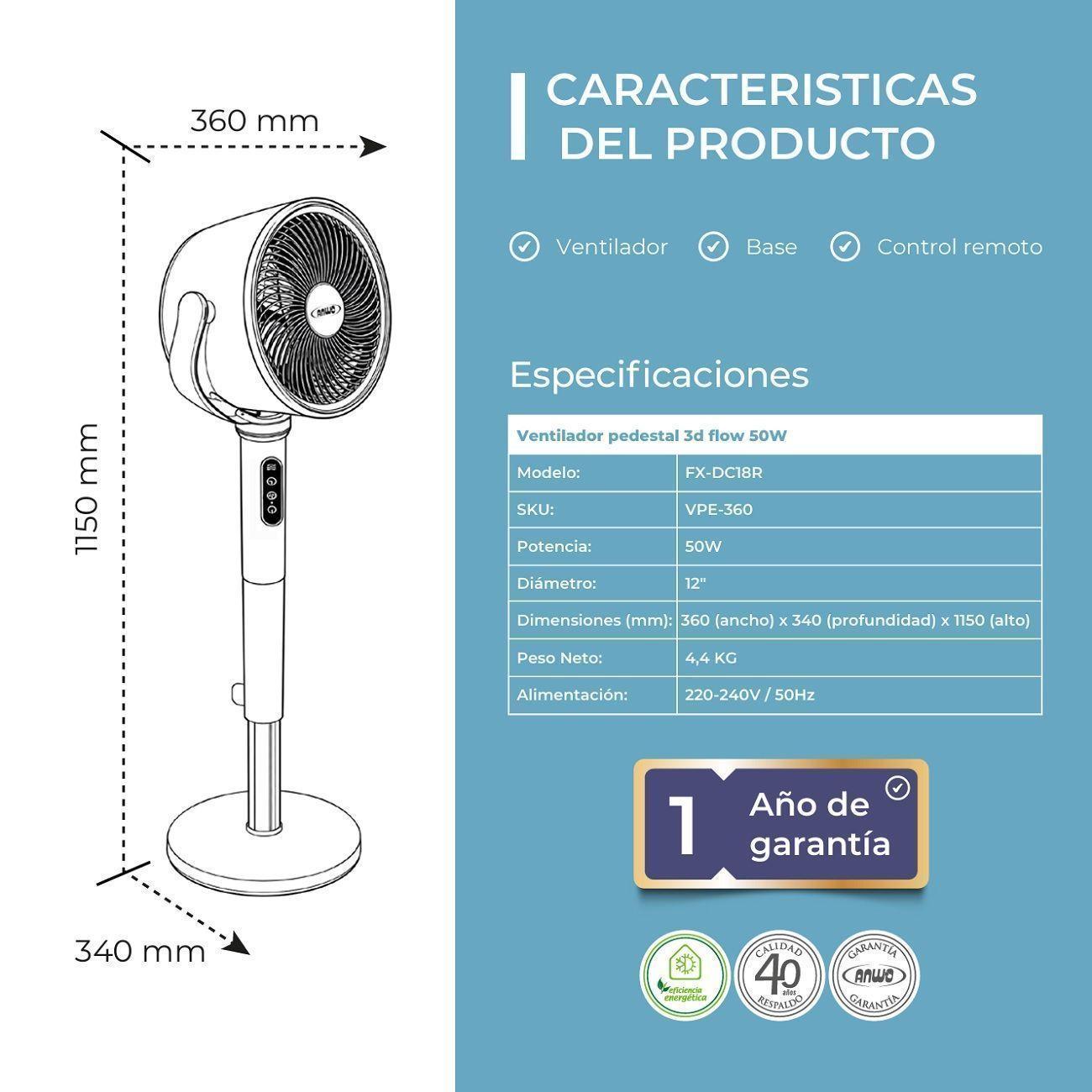 Ventilador Pedestal Anwo 3D Flow Brizo FX DC18R Oscilacion 360-3