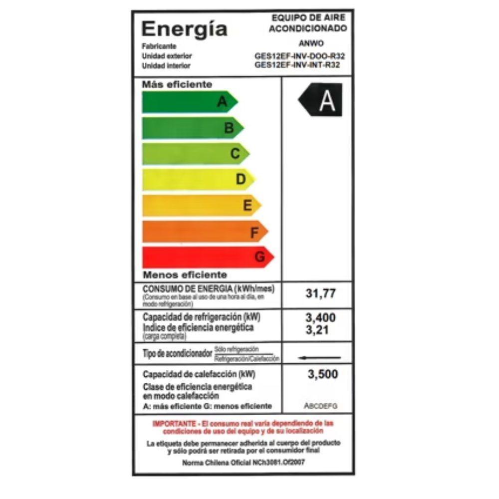 Aire Acondicionado Split Muro INVERTER ANWO ECOFLOW 12.000 BTU con Wifi-6
