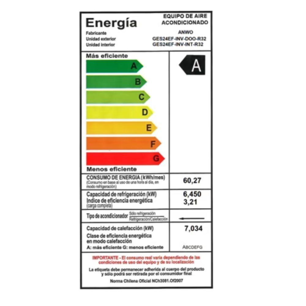 Aire Acondicionado Split Muro INVERTER ANWO ECOFLOW 24.000 BTU con Wifi-6