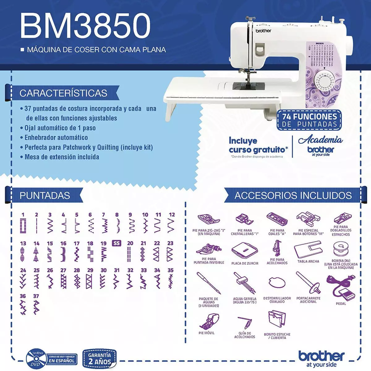 Máquina De Coser Mecánica BM3850 37 Puntadas Mesa Extensible-4