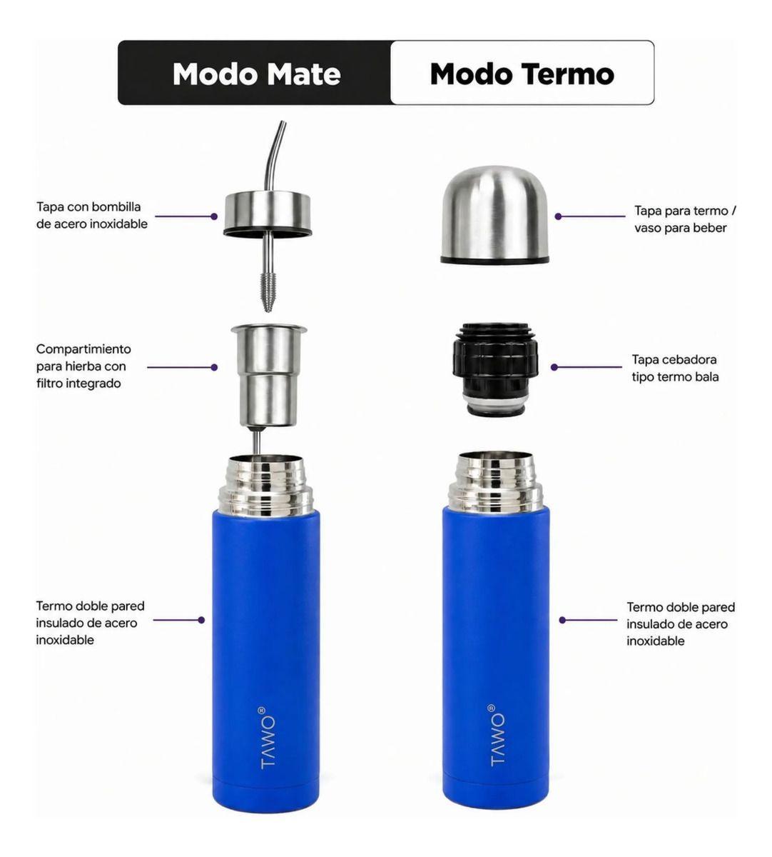 Termo Mate Acero Inoxidable Autocebante 2 en 1 Tawo 750 Ml Hermetico Antiderrame Azul-4