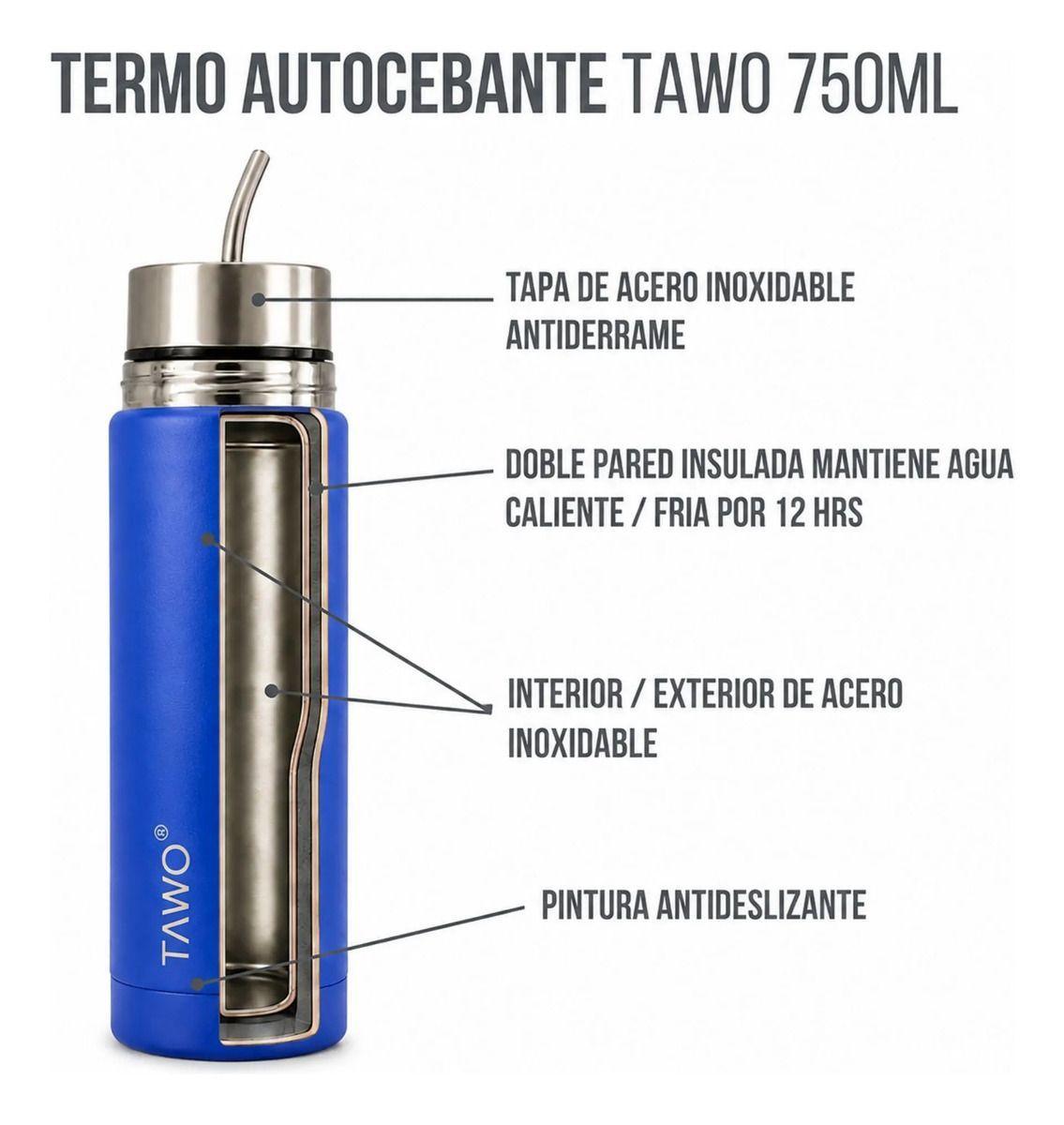 Termo Mate Acero Inoxidable Autocebante 2 en 1 Tawo 750 Ml Hermetico Antiderrame Azul-6