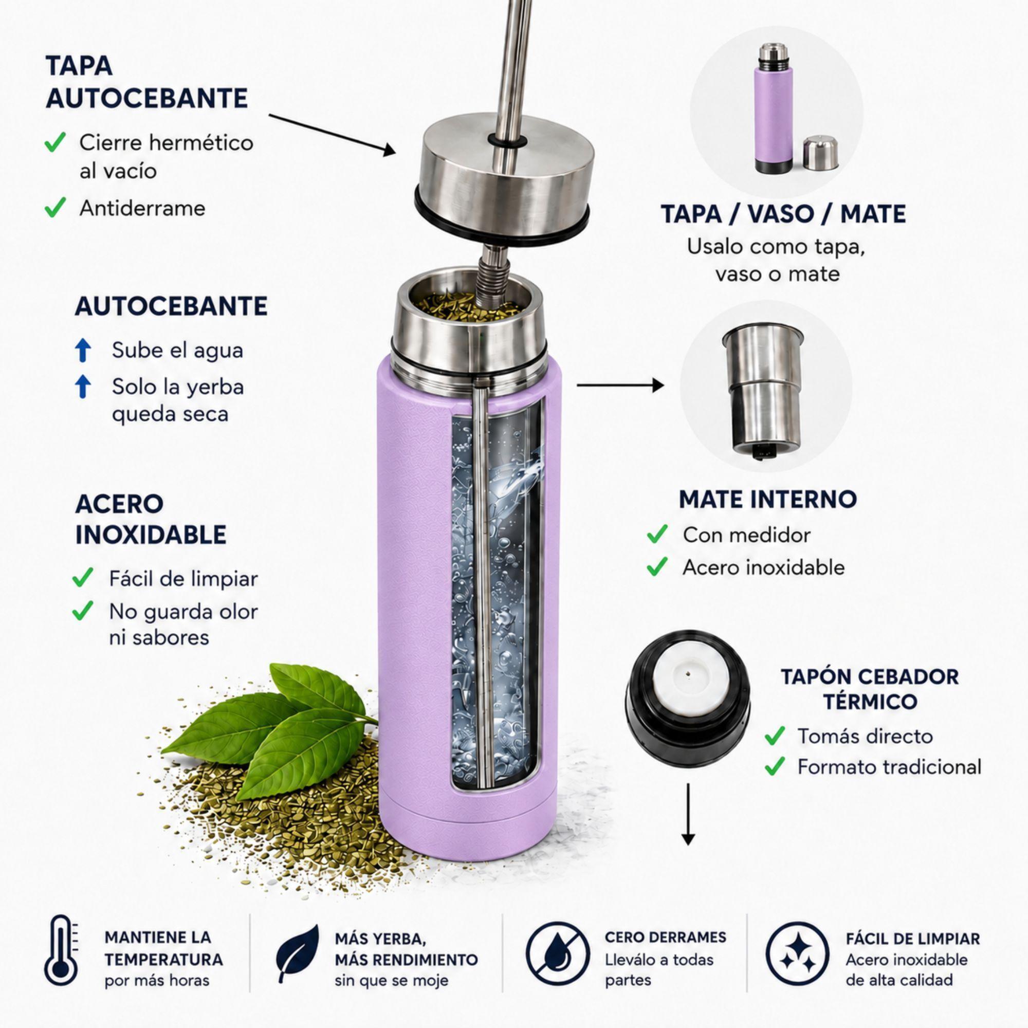 Termo Mate Acero Inoxidable Autocebante 2 en 1 Tawo 750 Ml Hermetico Antiderrame Lila-3