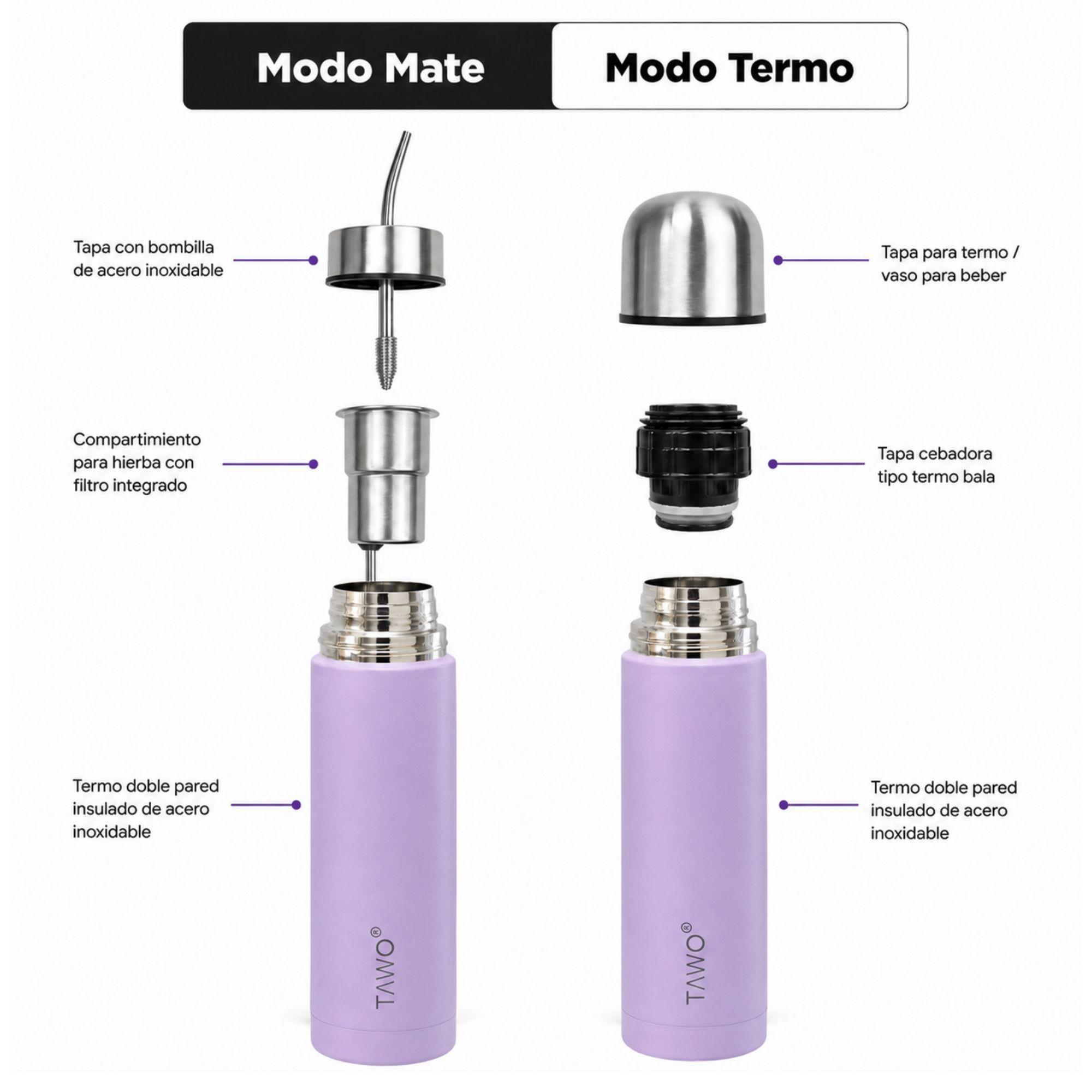 Termo Mate Acero Inoxidable Autocebante 2 en 1 Tawo 750 Ml Hermetico Antiderrame Lila-4