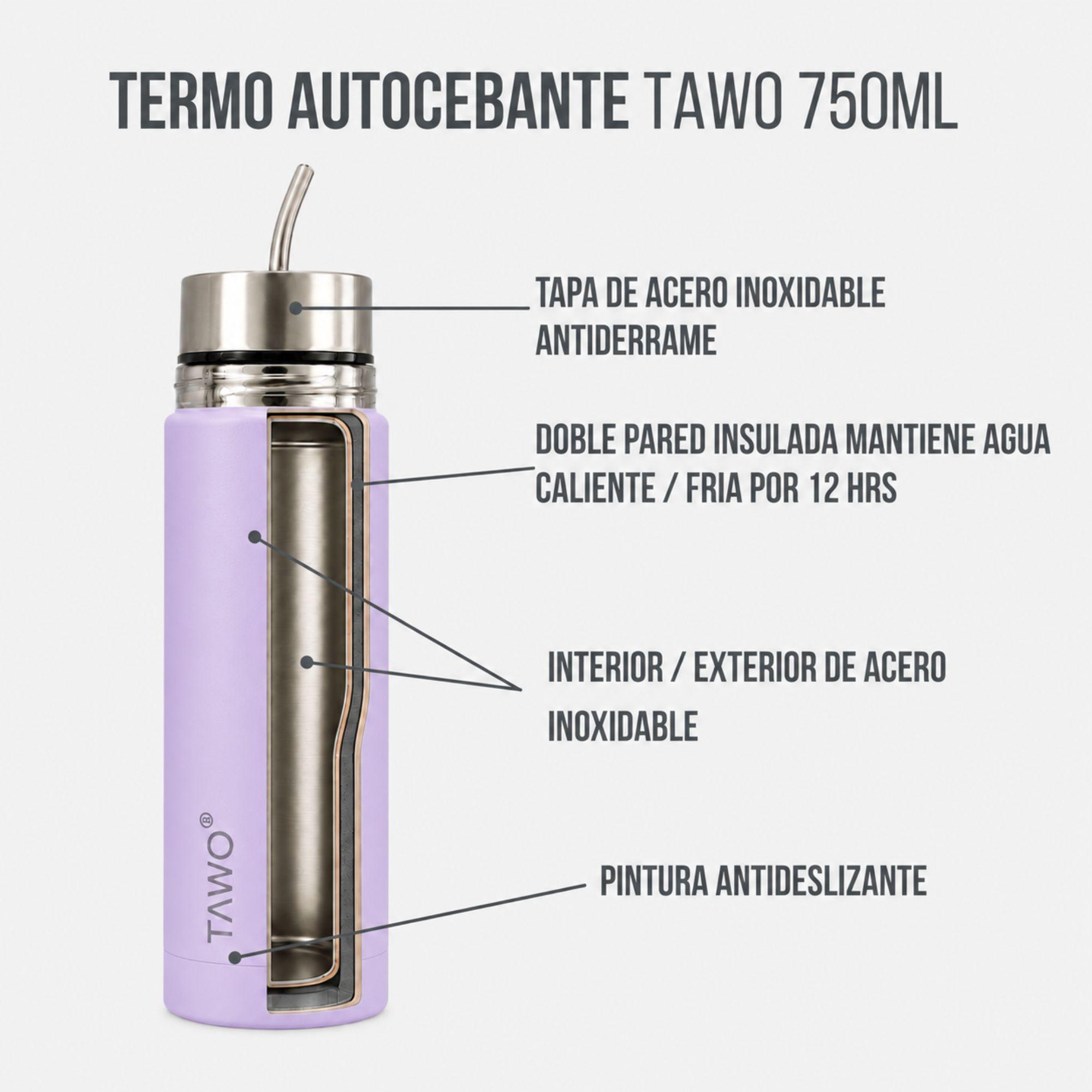 Termo Mate Acero Inoxidable Autocebante 2 en 1 Tawo 750 Ml Hermetico Antiderrame Lila-6