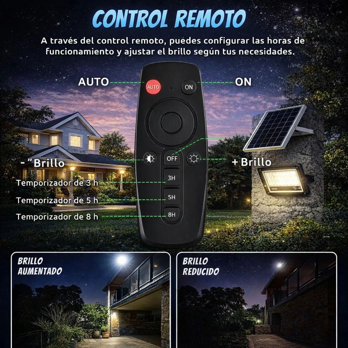 Foco Reflector Solar LED 3000W Exterior Panel Solar Control Remoto IP67-6