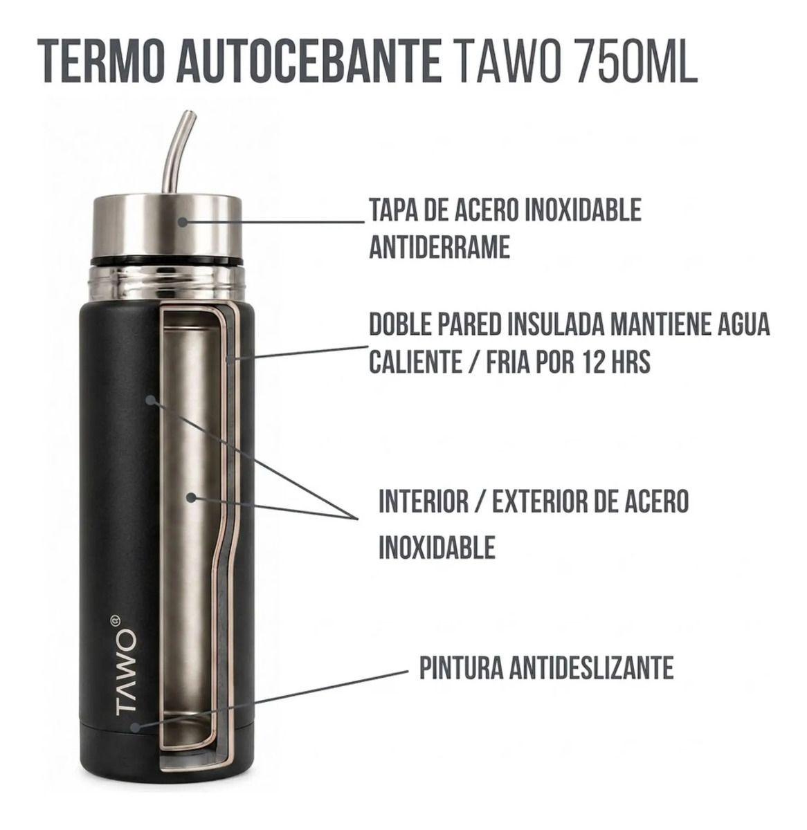 Termo Mate Acero Inoxidable Autocebante 2 en 1 Tawo 750 Ml Hermetico Antiderrame Negro-7