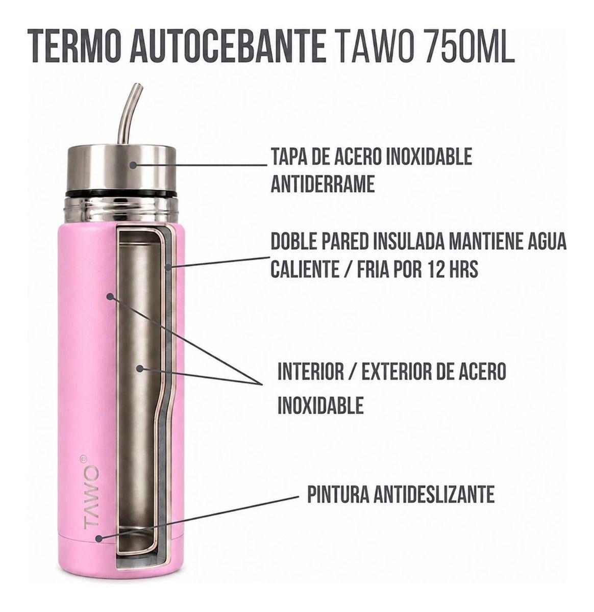 Termo Mate Acero Inoxidable Autocebante 2 en 1 Tawo 750 Ml Hermetico Antiderrame Rosado-6