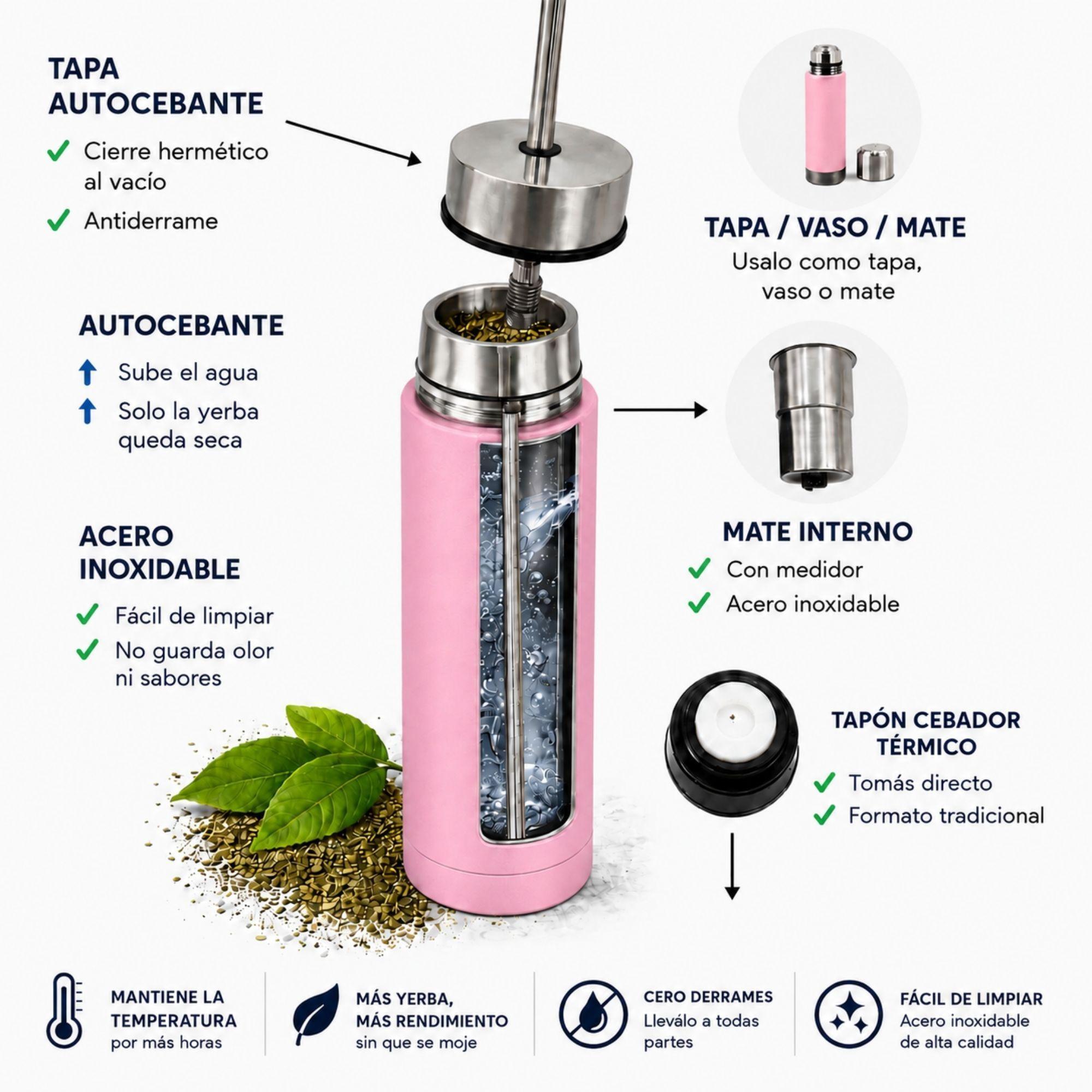 Termo Mate Acero Inoxidable Autocebante 2 en 1 Tawo 750 Ml Hermetico Antiderrame Rosado-5
