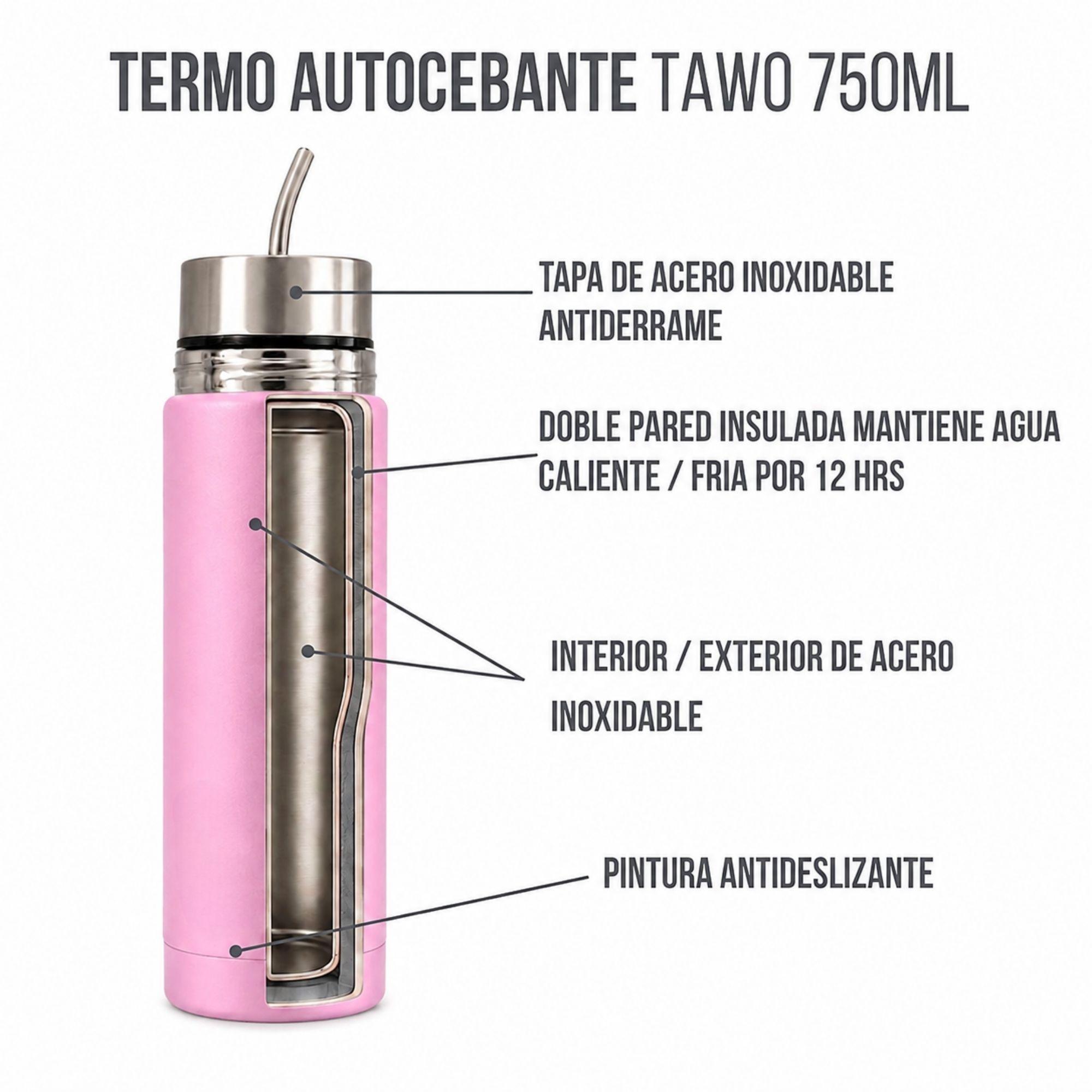 Termo Mate Acero Inoxidable Autocebante 2 en 1 Tawo 750 Ml Hermetico Antiderrame Rosado-6