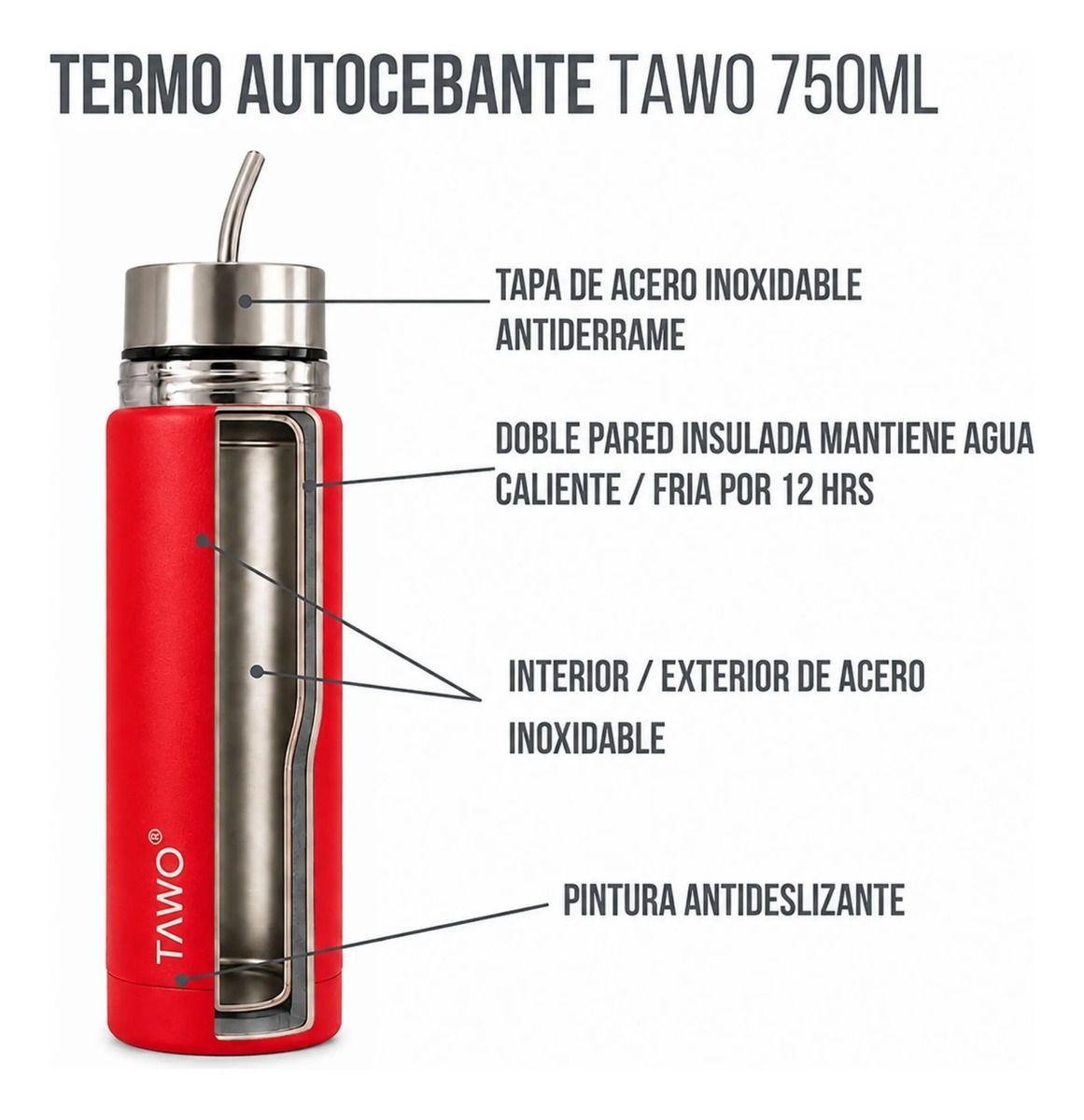 Termo Mate Acero Inoxidable Autocebante 2 en 1 Tawo 750 Ml Hermetico Antiderrame Rojo-5
