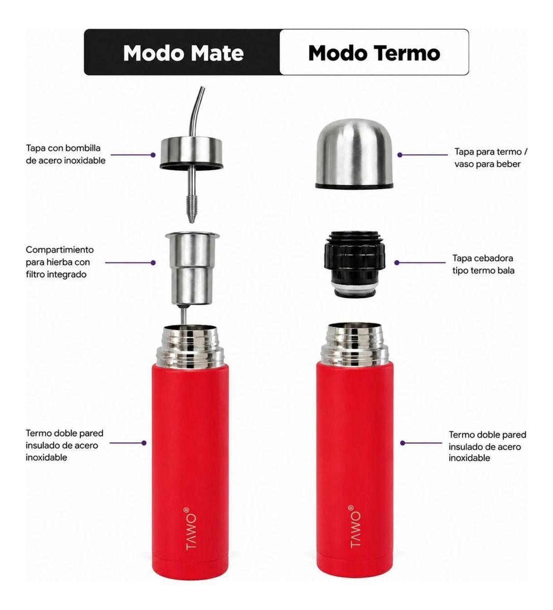 Termo Mate Acero Inoxidable Autocebante 2 en 1 Tawo 750 Ml Hermetico Antiderrame Rojo-7
