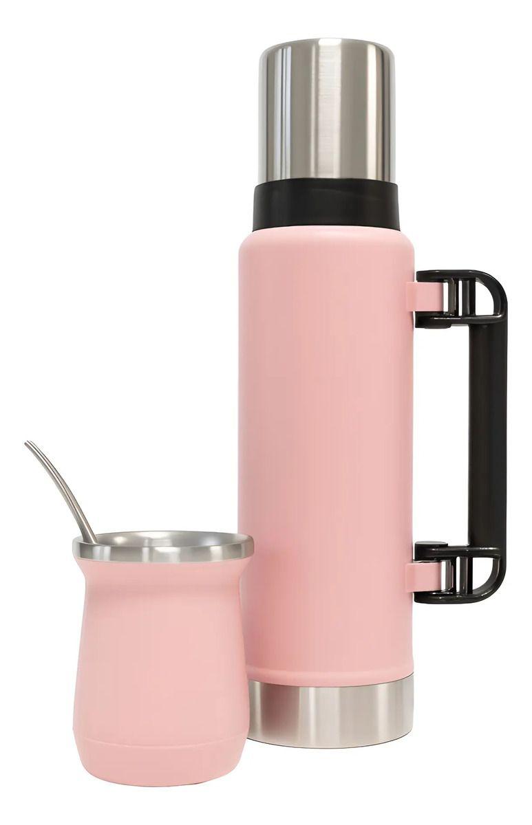 Termo De Agua Acero Inoxidable 1.3 Litros + Mate 236ml Con Bombilla Rosado-1