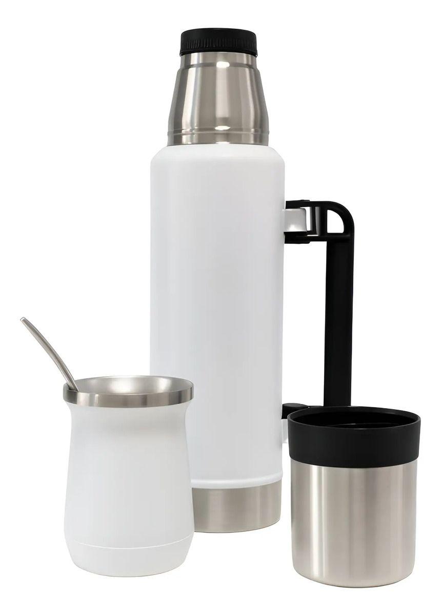 Termo De Agua Acero Inoxidable 1.3 Litros + Mate 236ml Con Bombilla Blanco-0