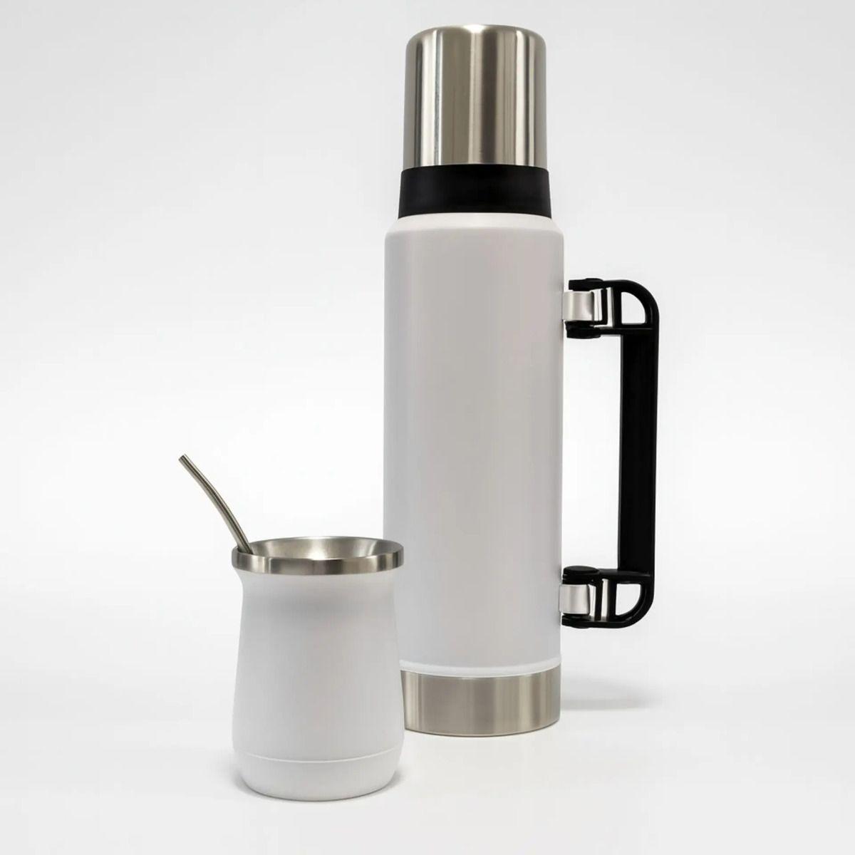 Termo De Agua Acero Inoxidable 1.3 Litros + Mate 236ml Con Bombilla Blanco-1