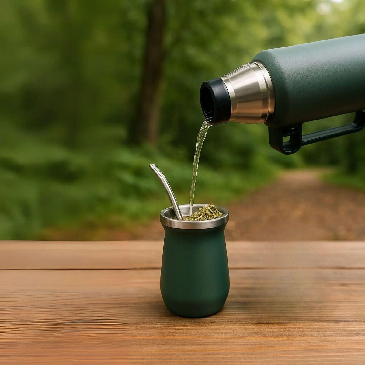 Termo De Agua Acero Inoxidable 1.3 Litros + Mate 236ml Con Bombilla Blanco-5