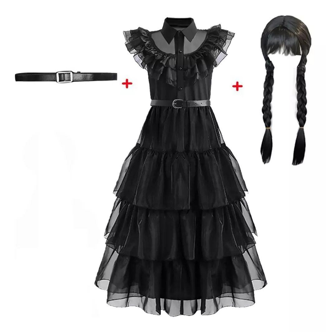 Disfraces Vestido + Peluca Merlina Adams Para Niñas-1