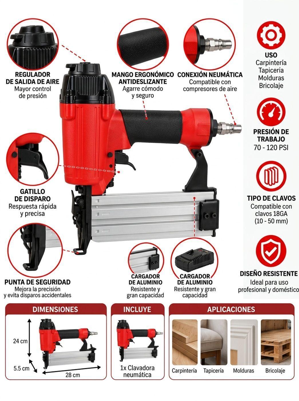 Clavadora Neumatica Calibre 18ga Profesional 70-120 PSI-4