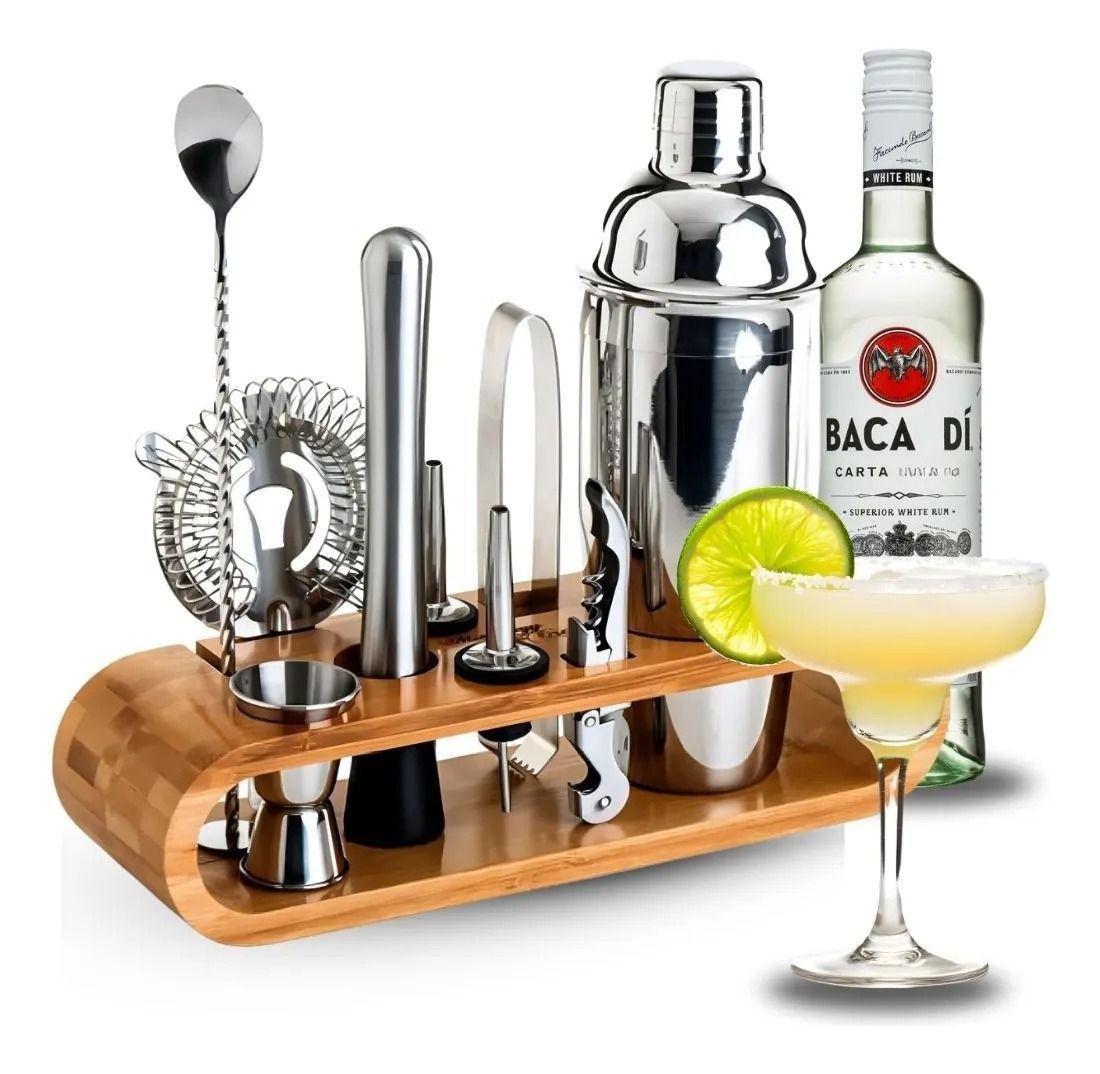 Set De Cocteleria a Barman 9 Piezas Base Madera Profesional-2