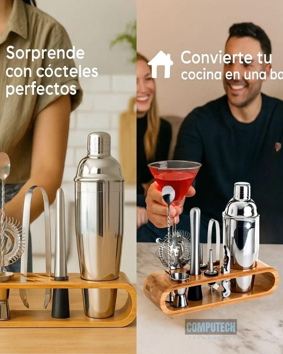 Set De Cocteleria a Barman 9 Piezas Base Madera Profesional-3