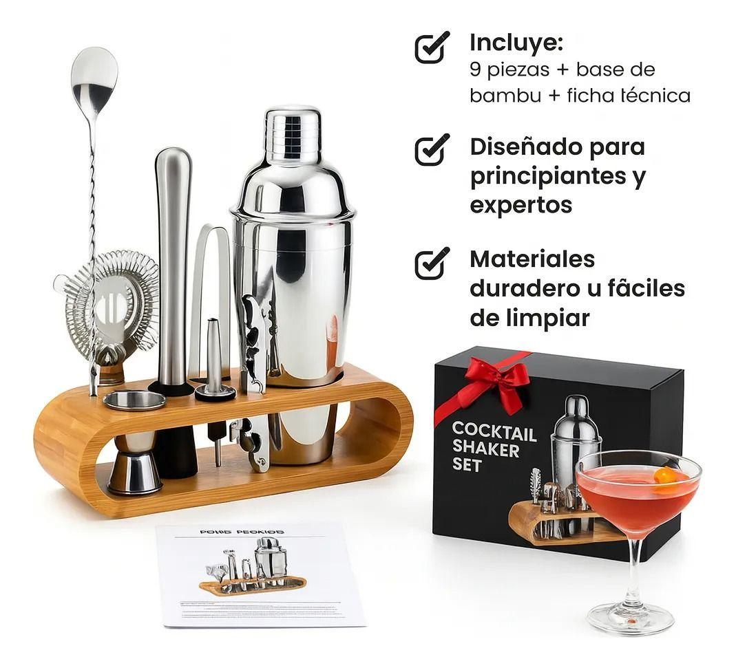 Set De Cocteleria a Barman 9 Piezas Base Madera Profesional-7