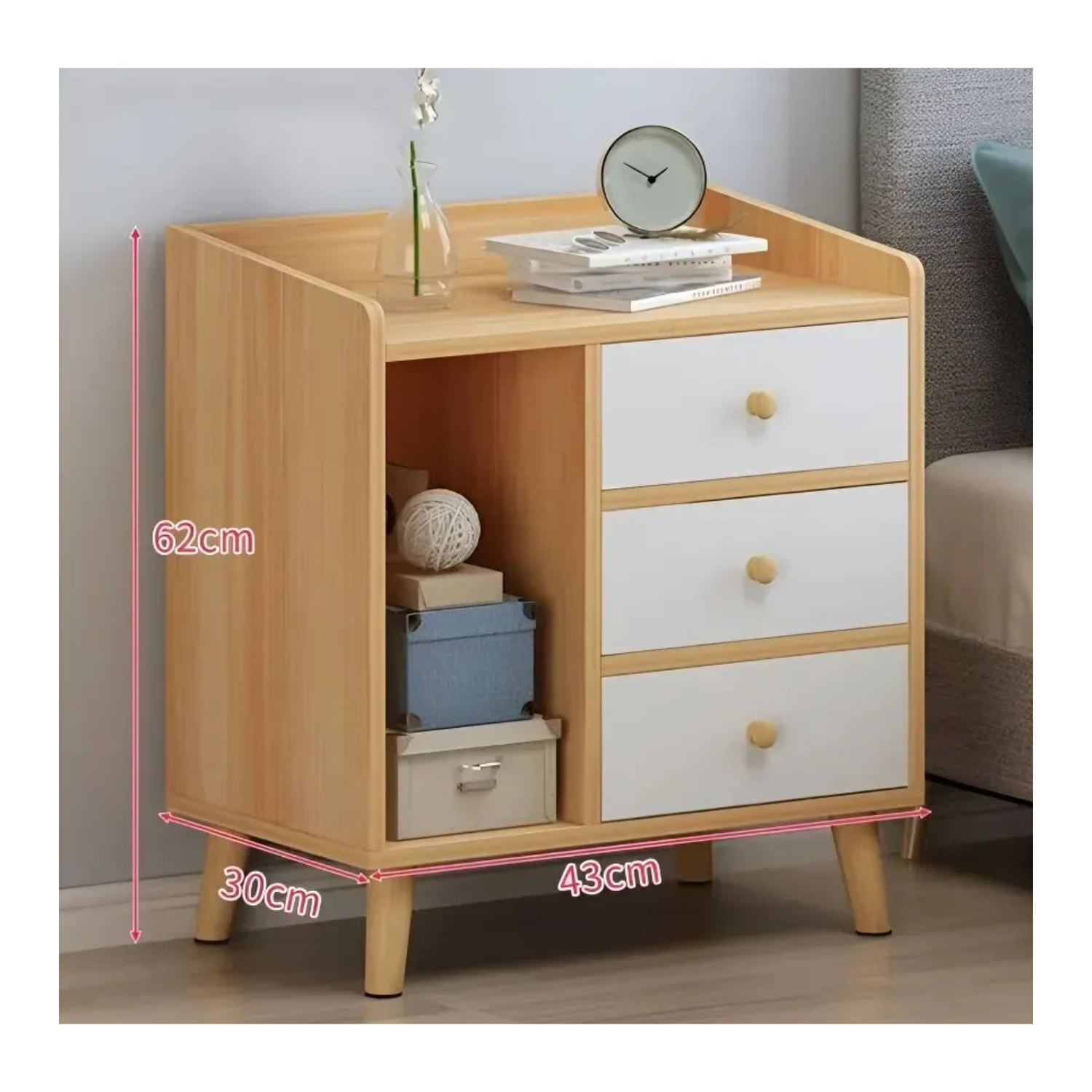 Velador 2 Niveles 3 Cajones Madera 43x30x62 CM Marrón-4