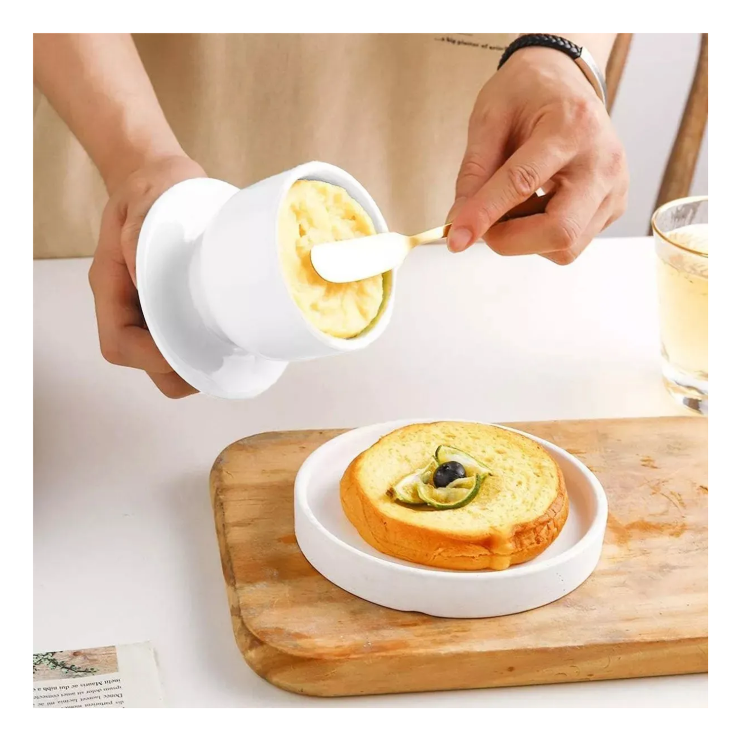 Mantequillera Francesa Mantequillero Cerámica Agua Blanco-4