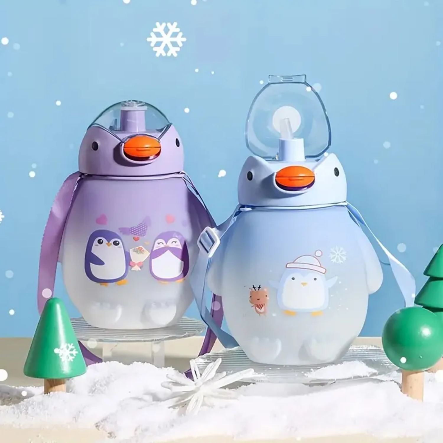 Botella Pinguino Kawaii Stickers Más Correa 1500 ML Morado-4