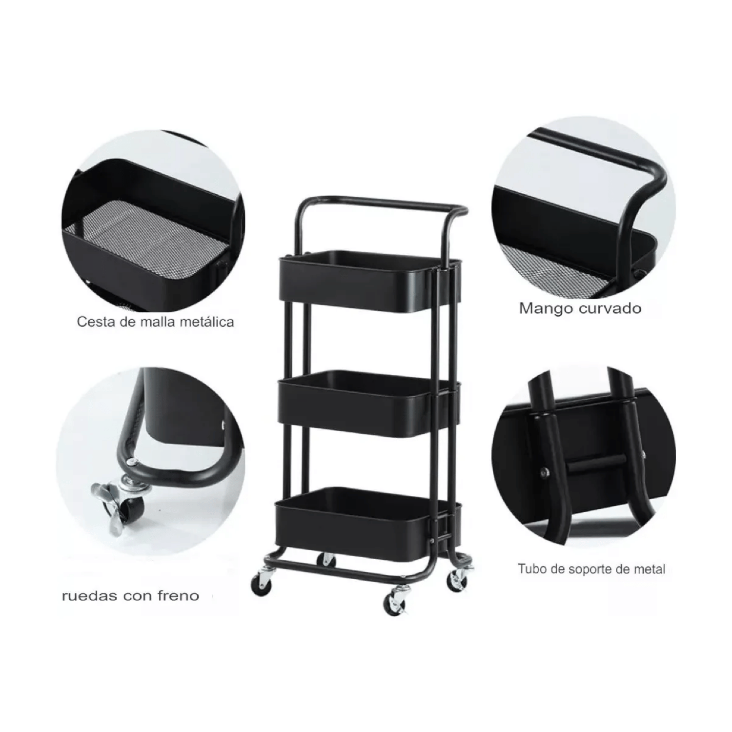 Carro Organizador Multiuso 3 Niveles 85x42x28,5 CM Negro-4