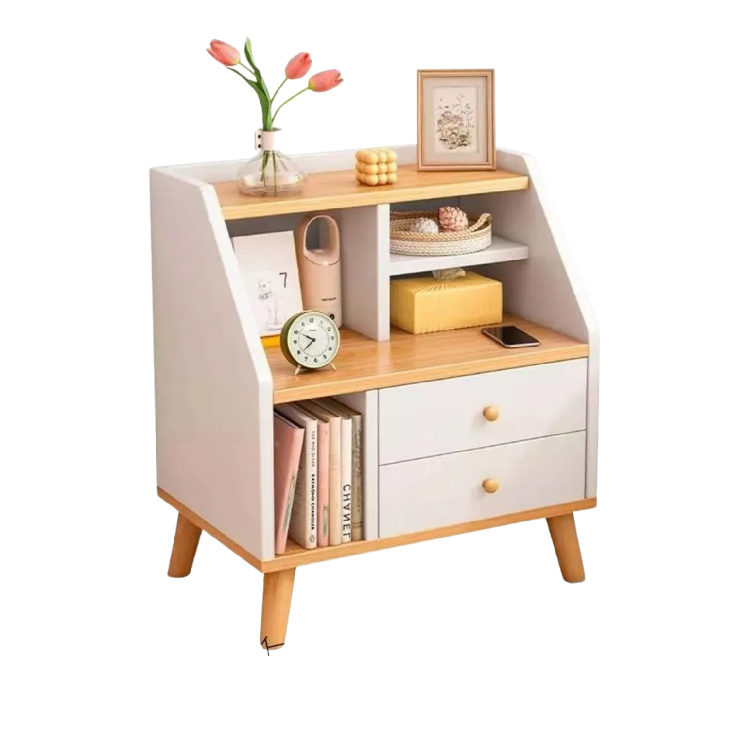 Velador 2 Cajones Madera 50x30x61 CM Blanco-1