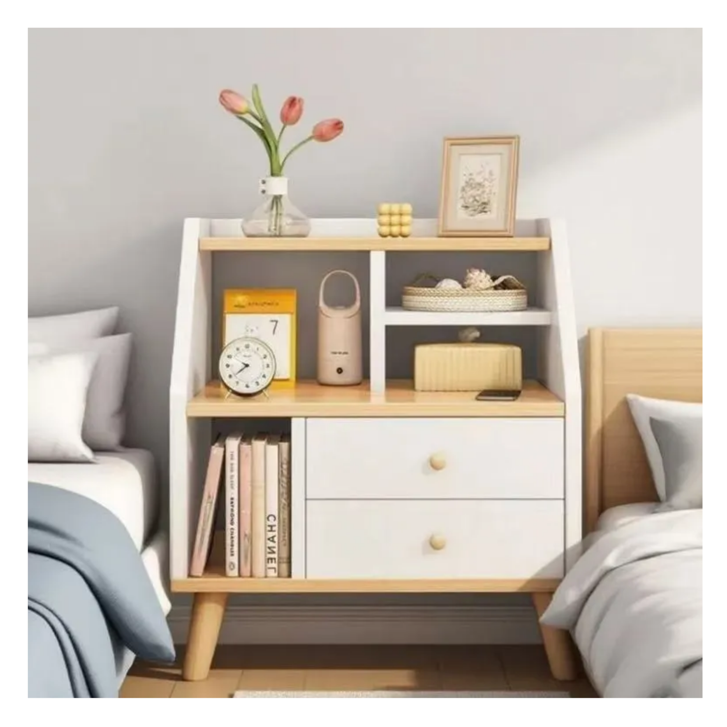 Velador 2 Cajones Madera 50x30x61 CM Blanco-3