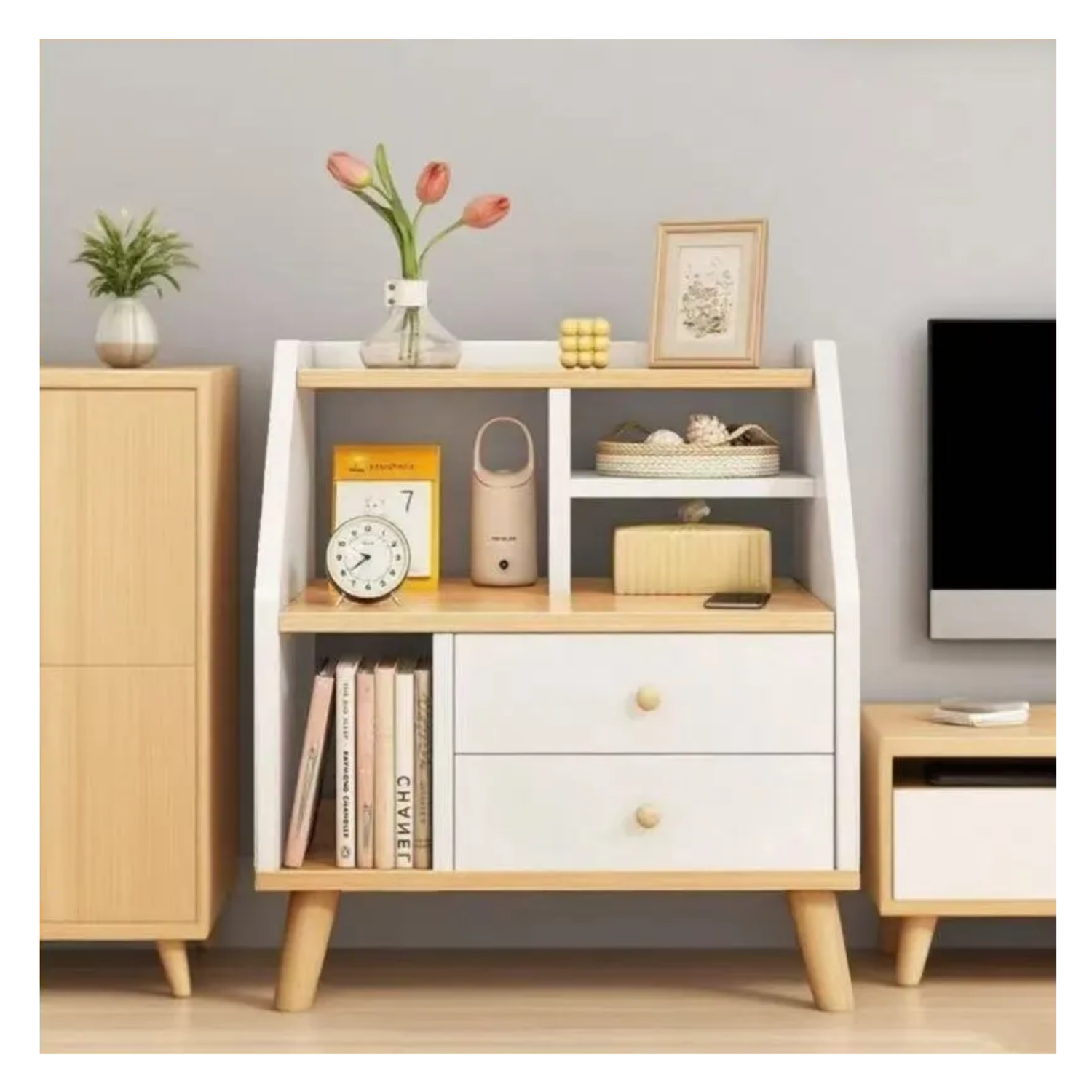 Velador 2 Cajones Madera 50x30x61 CM Blanco-4