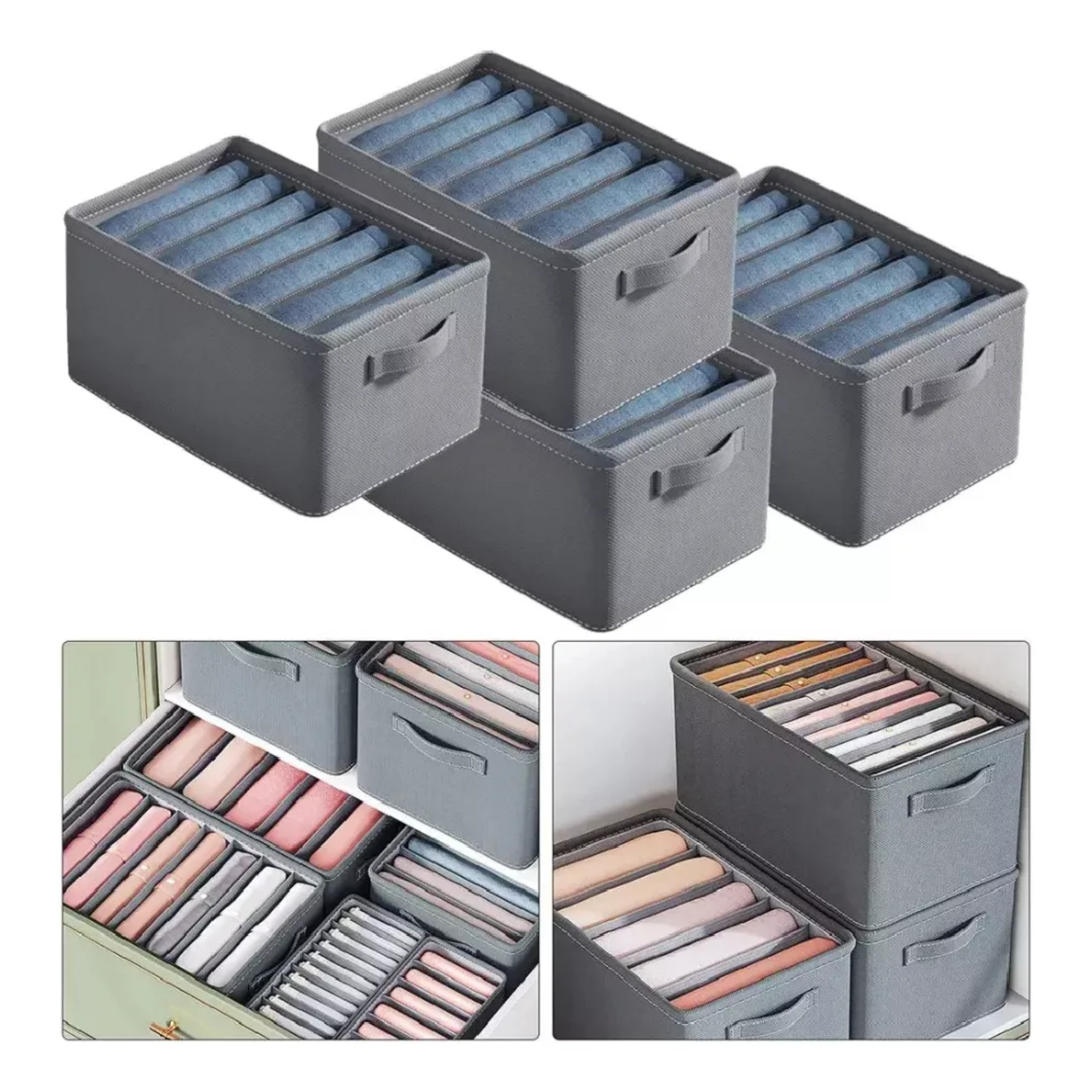 Pack 4 Cajas Organizador Ropa 44x30x20 CM Gris-2