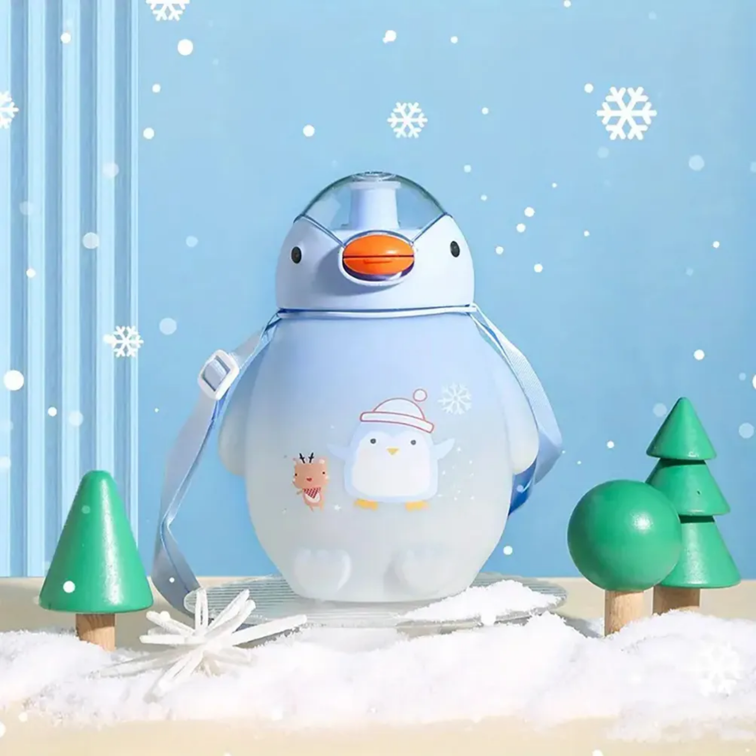 Botella Pinguino Kawaii Stickers Más Correa 1500 ML Celeste-2