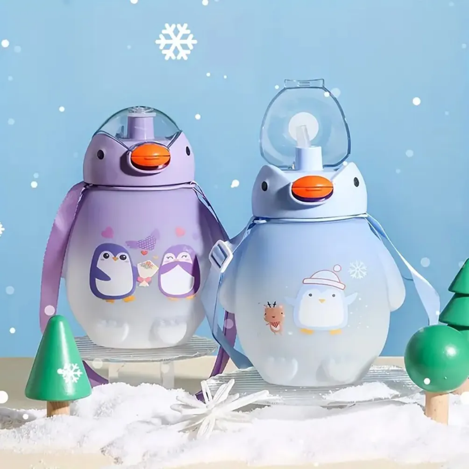 Botella Pinguino Kawaii Stickers Más Correa 1500 ML Celeste-4