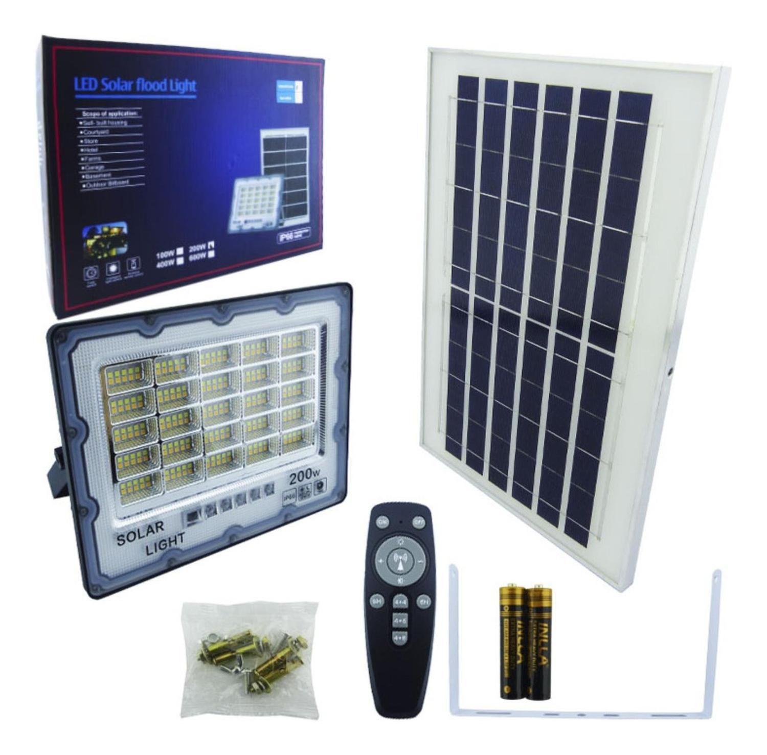 Foco Proyector Solar LED 200 Watt Dúo Panel Solar 250 LED Luz Cálida Fría Control Remoto-2