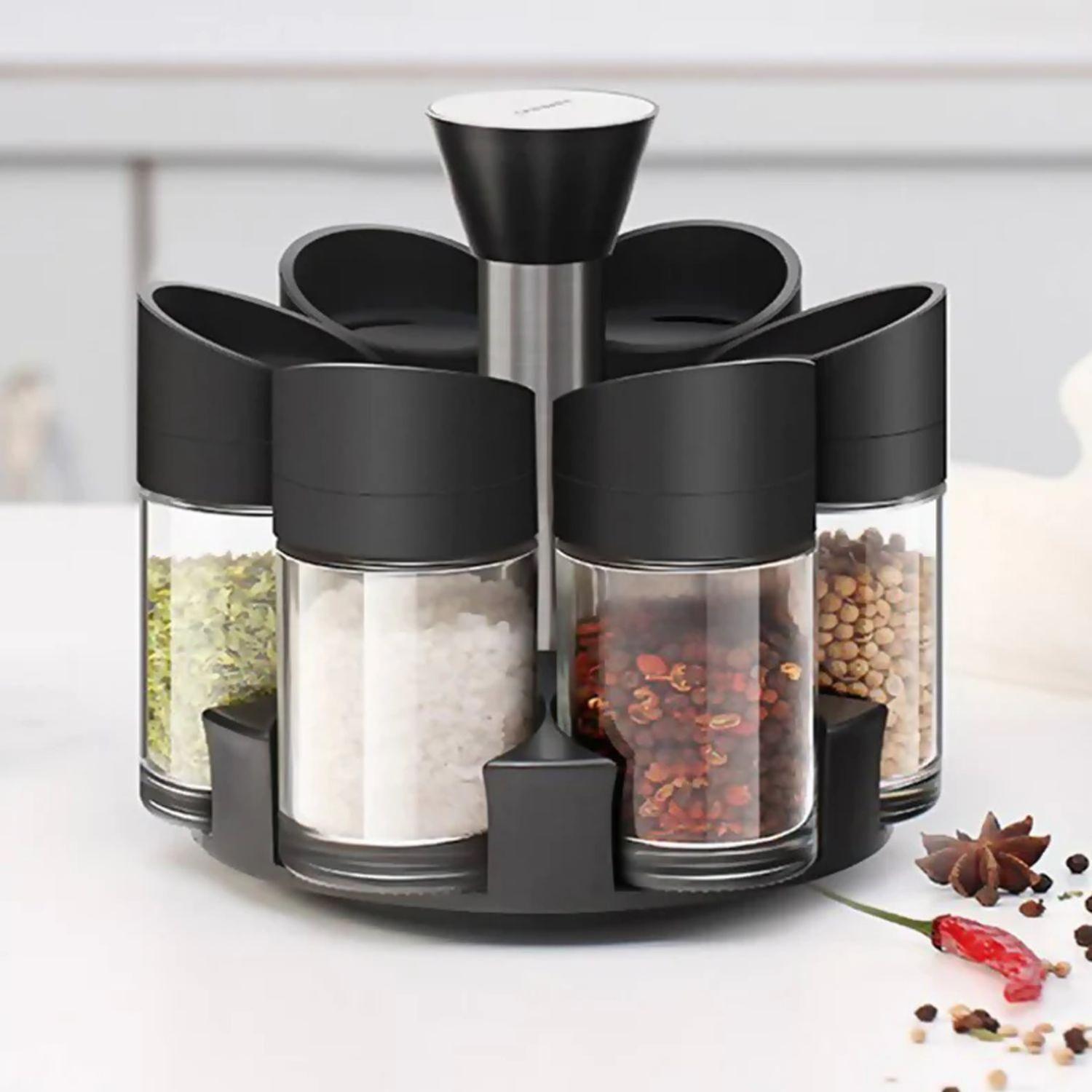 Set 6 Especieros Condimentos Moderno Giratorio 360º Negro-3