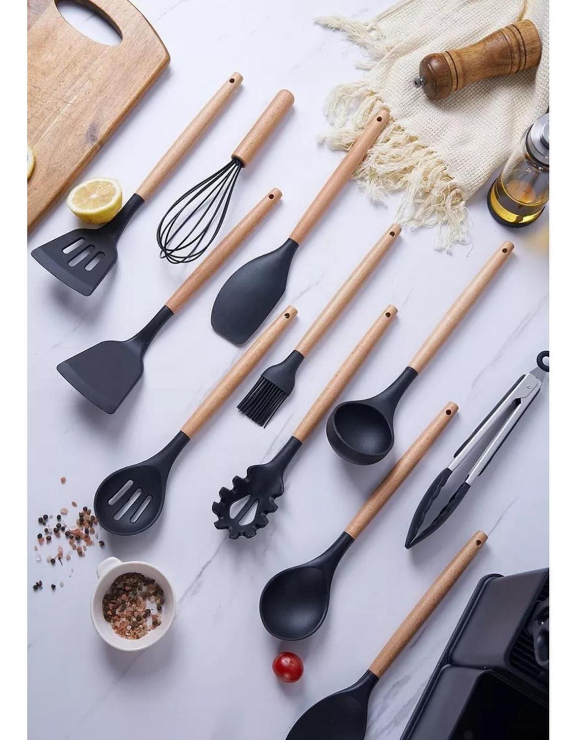 Set 19 Utensilios Cocina Silicona Acero Inoxidable Negro-3