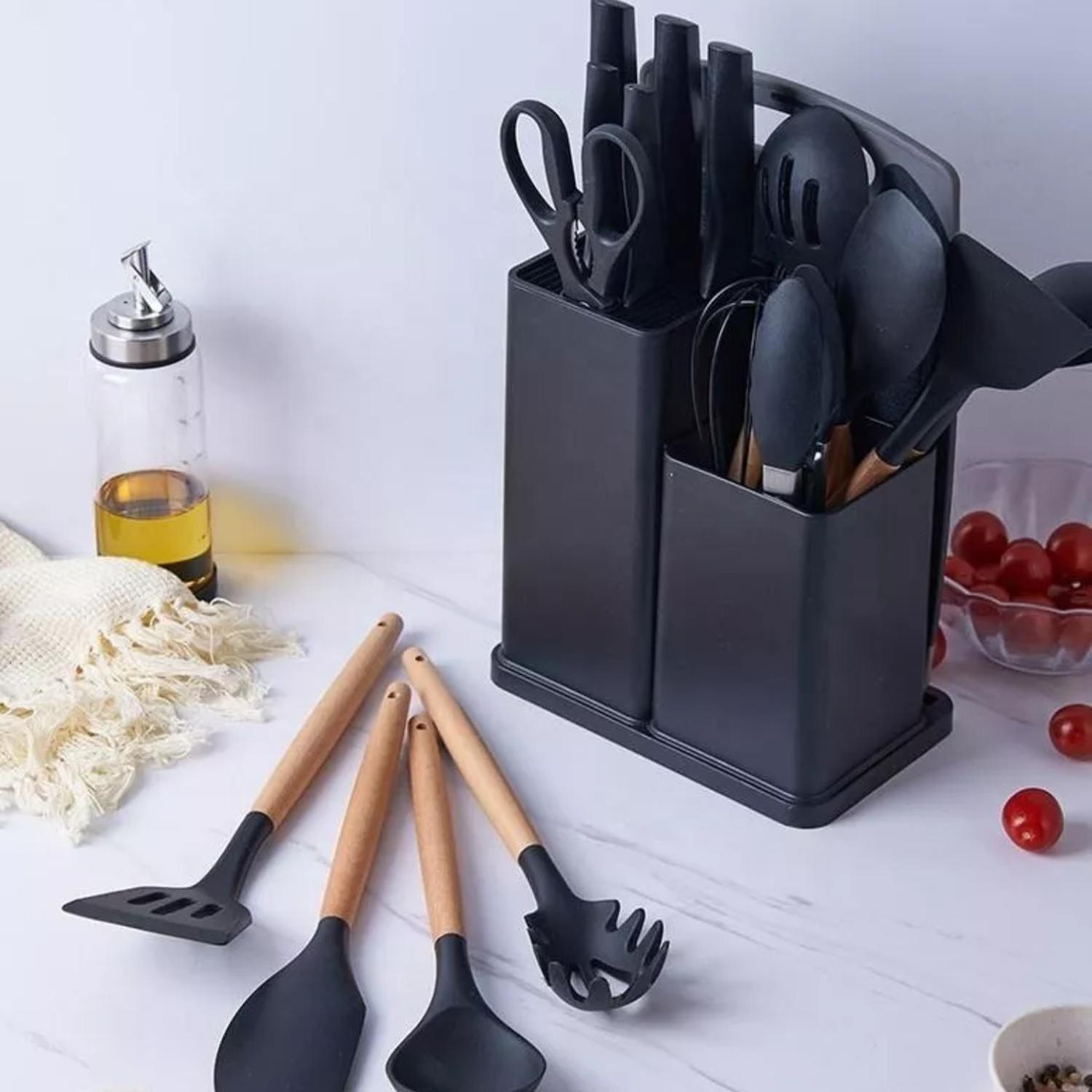 Set 19 Utensilios Cocina Silicona Acero Inoxidable Negro-4