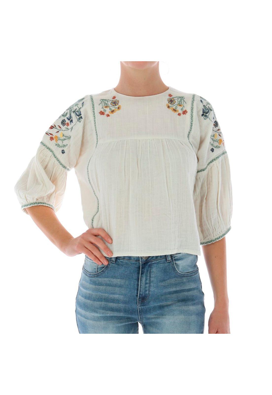 BLUSA M/C MUJER EMBROIDERED S/S PEAS CRUDO-0