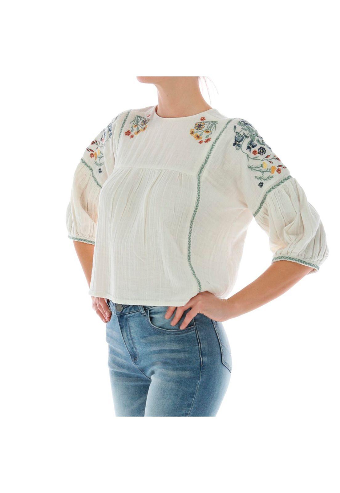BLUSA M/C MUJER EMBROIDERED S/S PEAS CRUDO-3