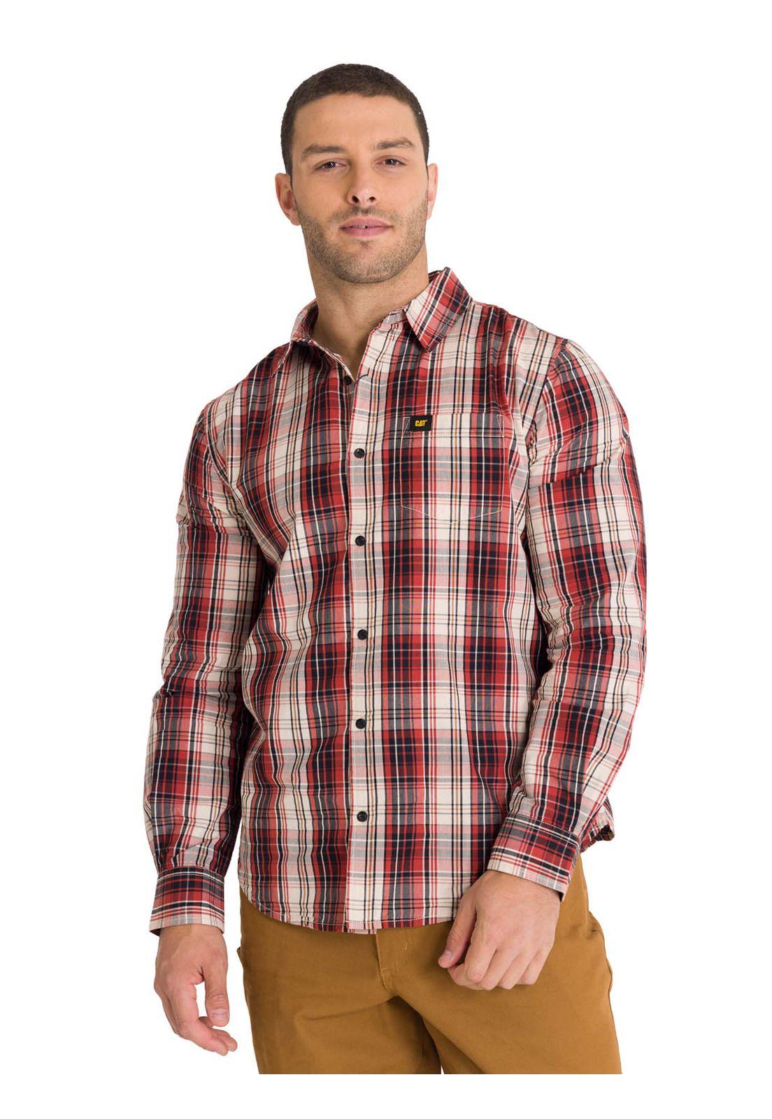 Camisa Manga Larga Casual Plaid Poplin Hombre Rojo-0