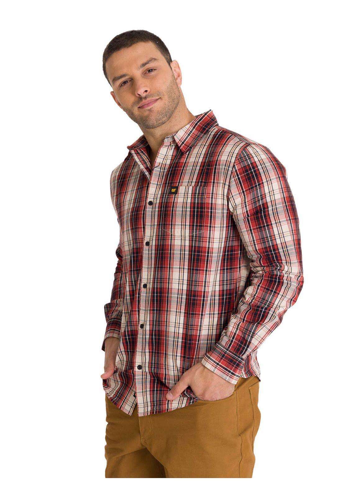 Camisa Manga Larga Casual Plaid Poplin Hombre Rojo-1