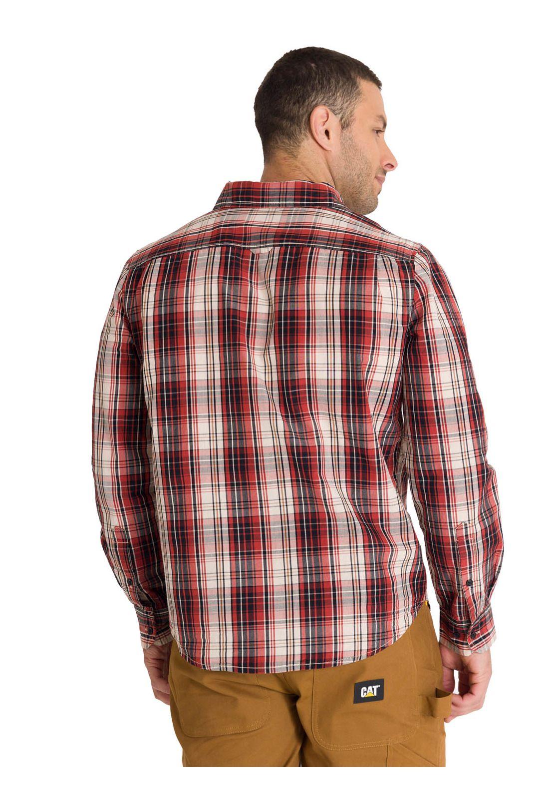 Camisa Manga Larga Casual Plaid Poplin Hombre Rojo-3