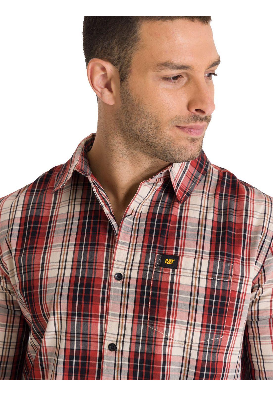Camisa Manga Larga Casual Plaid Poplin Hombre Rojo-4
