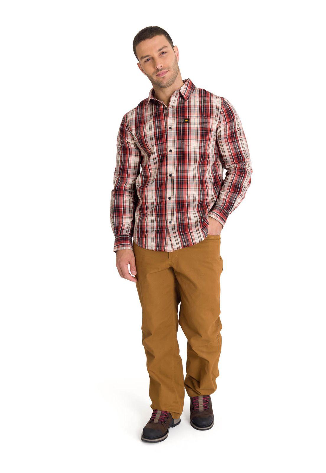 Camisa Manga Larga Casual Plaid Poplin Hombre Rojo-5
